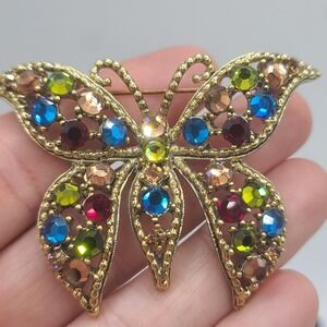 Vintage Weiss Butterfly Brooch Blue Red Green Gold Tone Signed Rainbow
